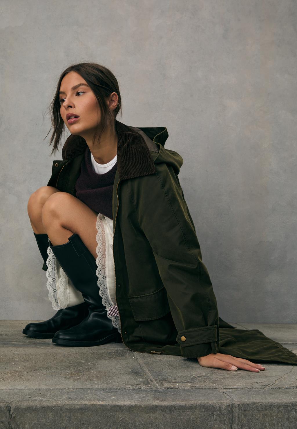 Long waxed parka with detachable hood