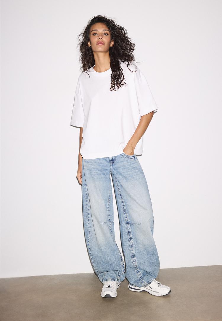 Stradivarius Κοντομάνικη Μπλούζα Oversize Λευκό L