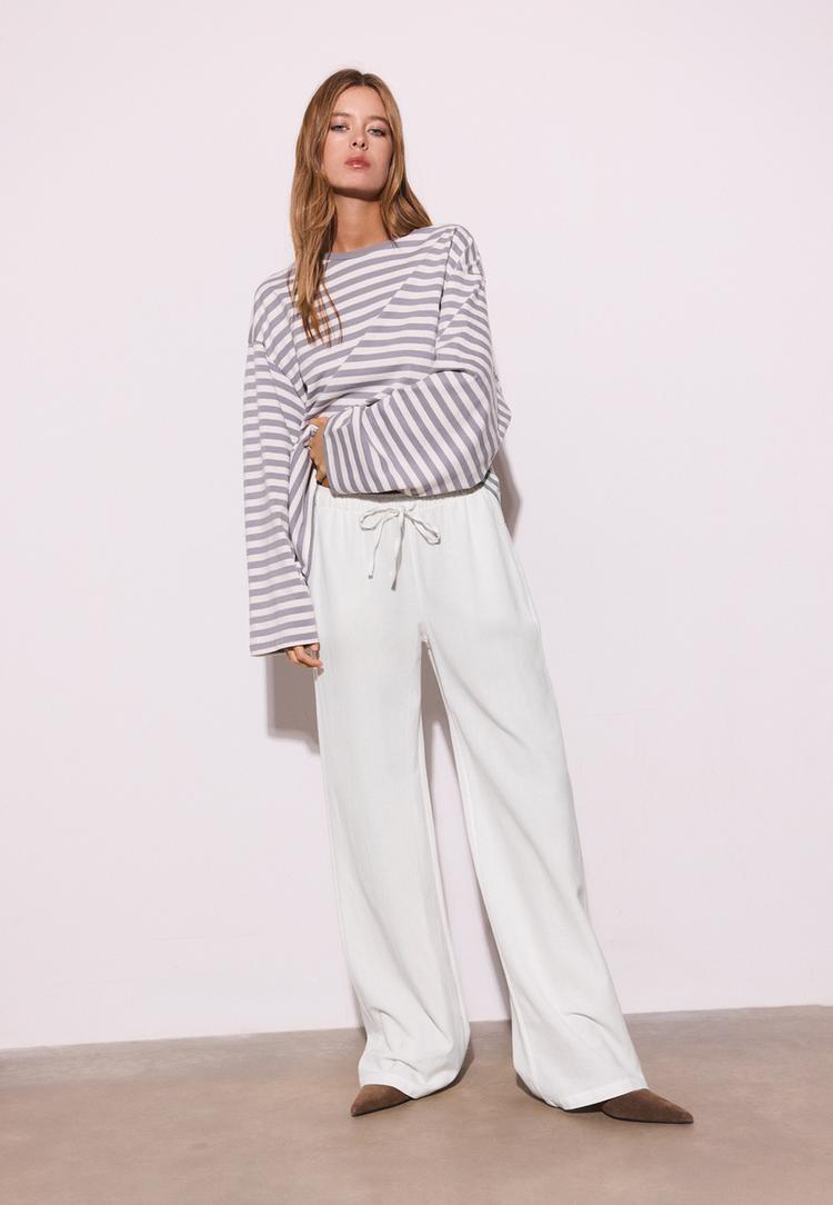 Stradivarius Παντελόνι Με Κορδόνια Και Λινό Λευκό S