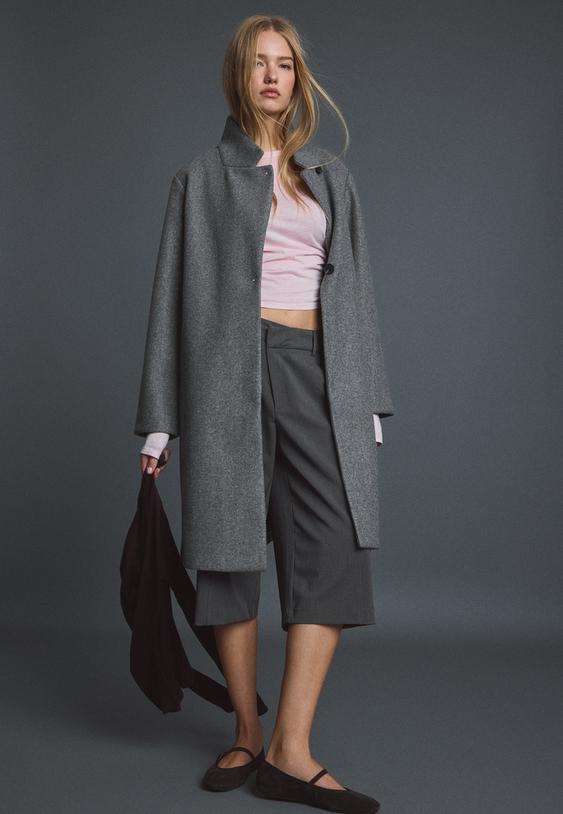 Stradivarius Basic Soft-Touch Coat Dark Grey M