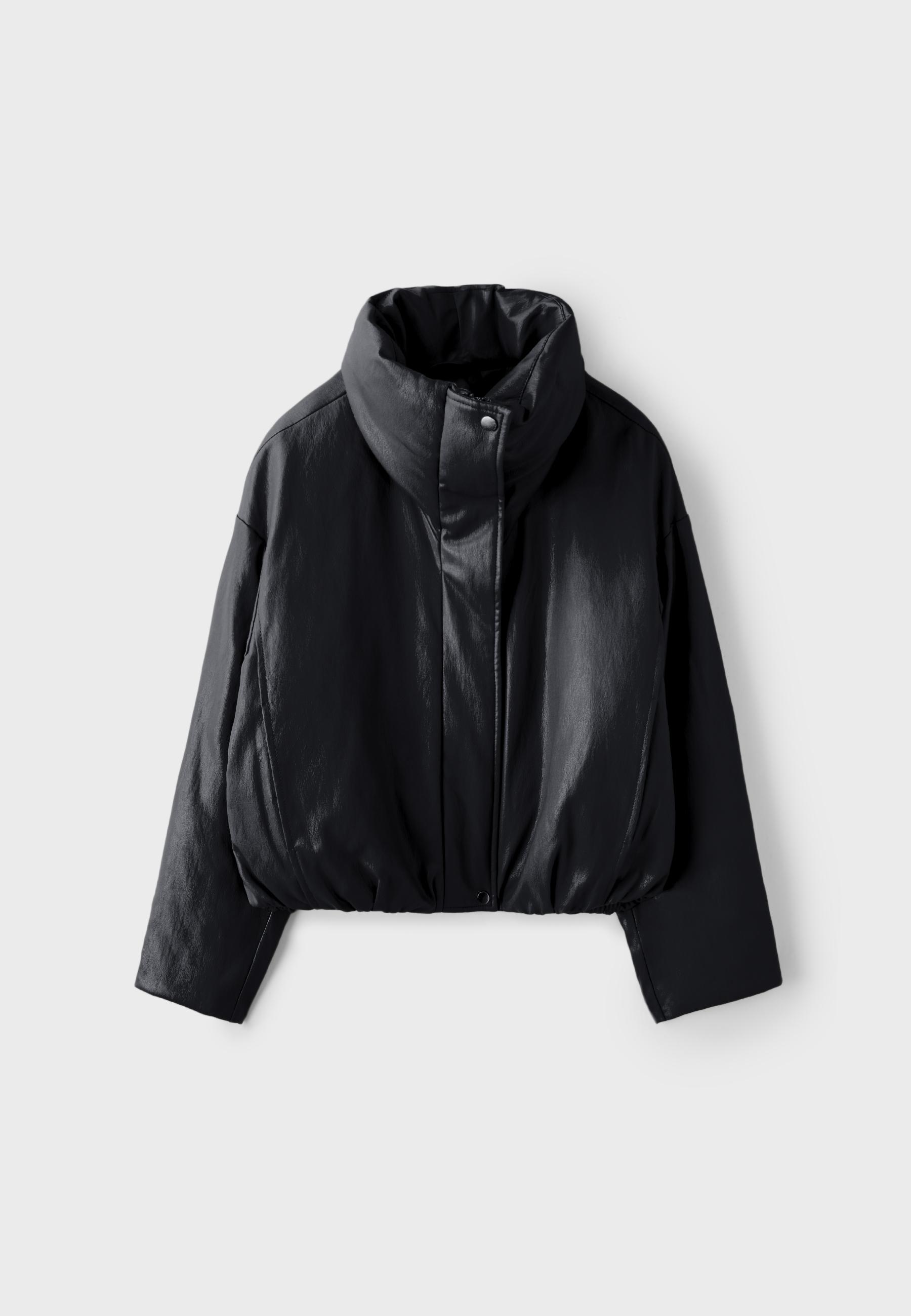 Leather effect high neck puffer jacket — Black