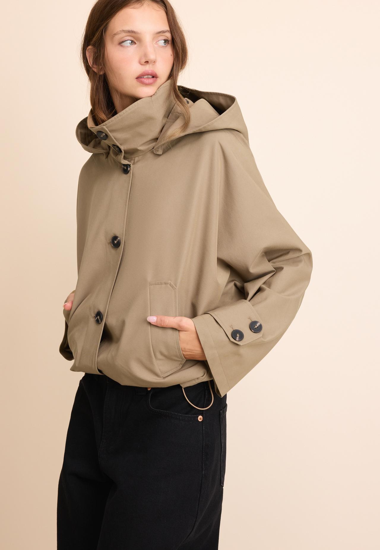 Short oversize trench coat with hood — Beige