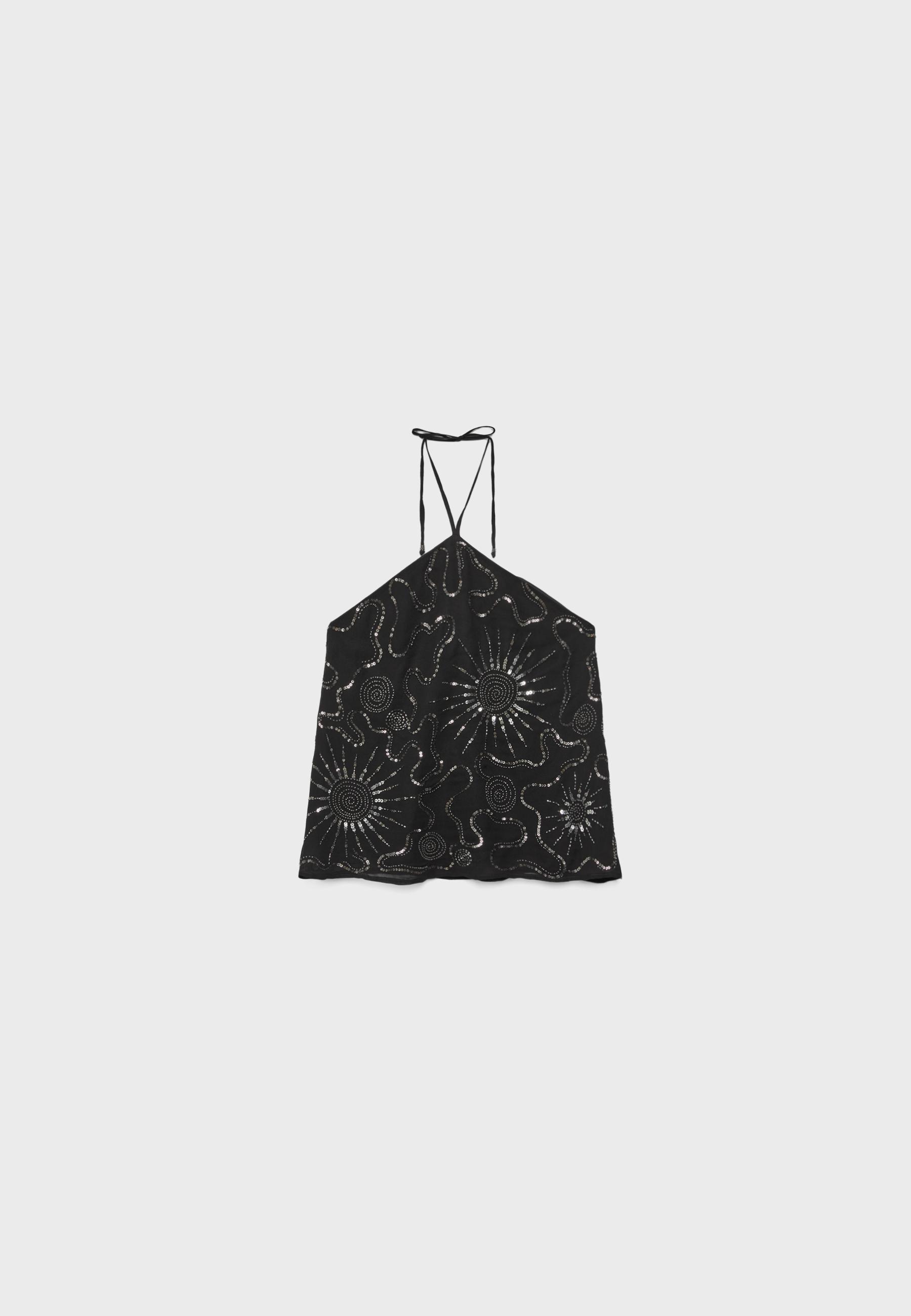 Embroidered halter top — Black