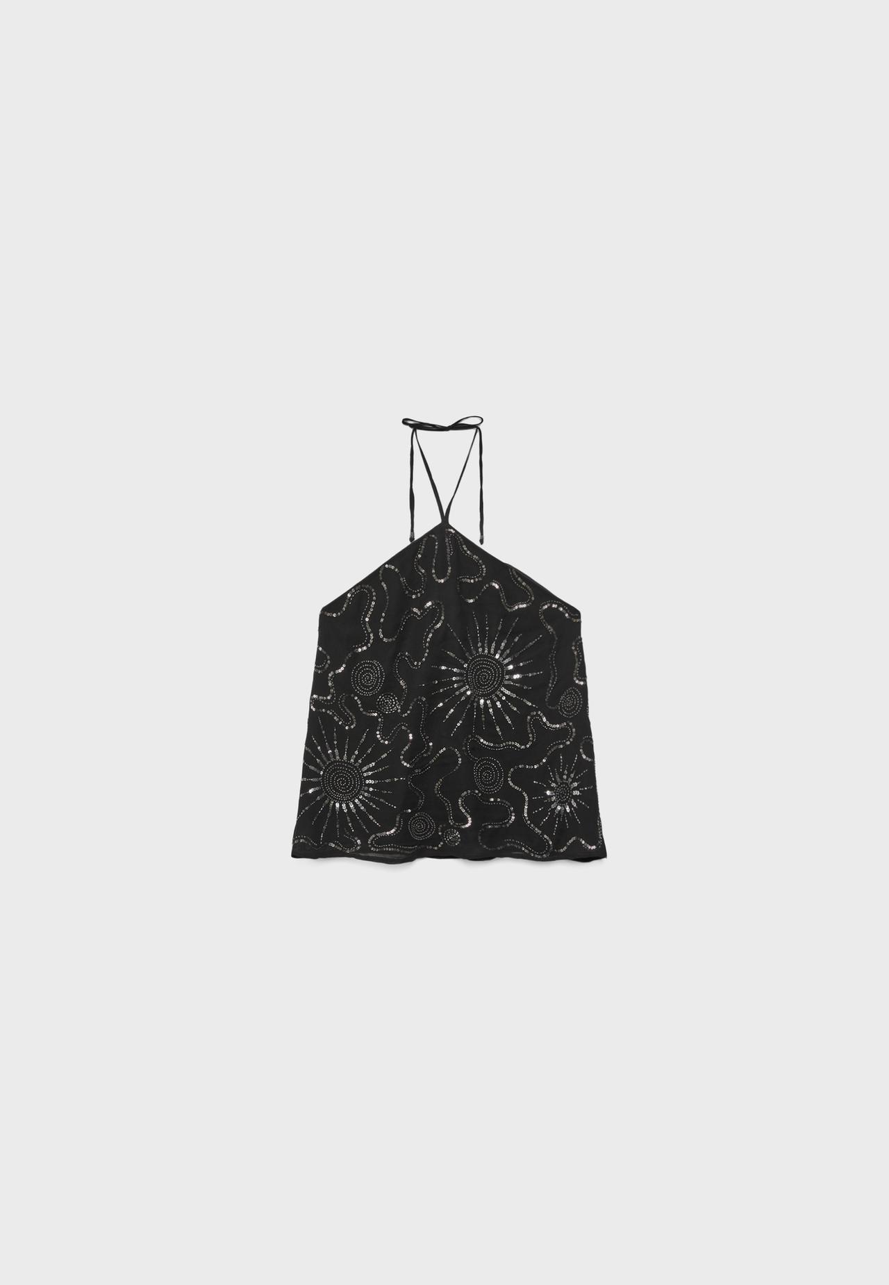 Embroidered halter top — Black