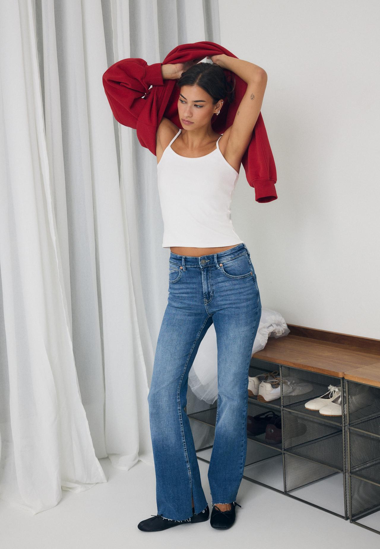 D74 bell bottom jeans with split — MEDIUM LIGHT BLUE DENIM