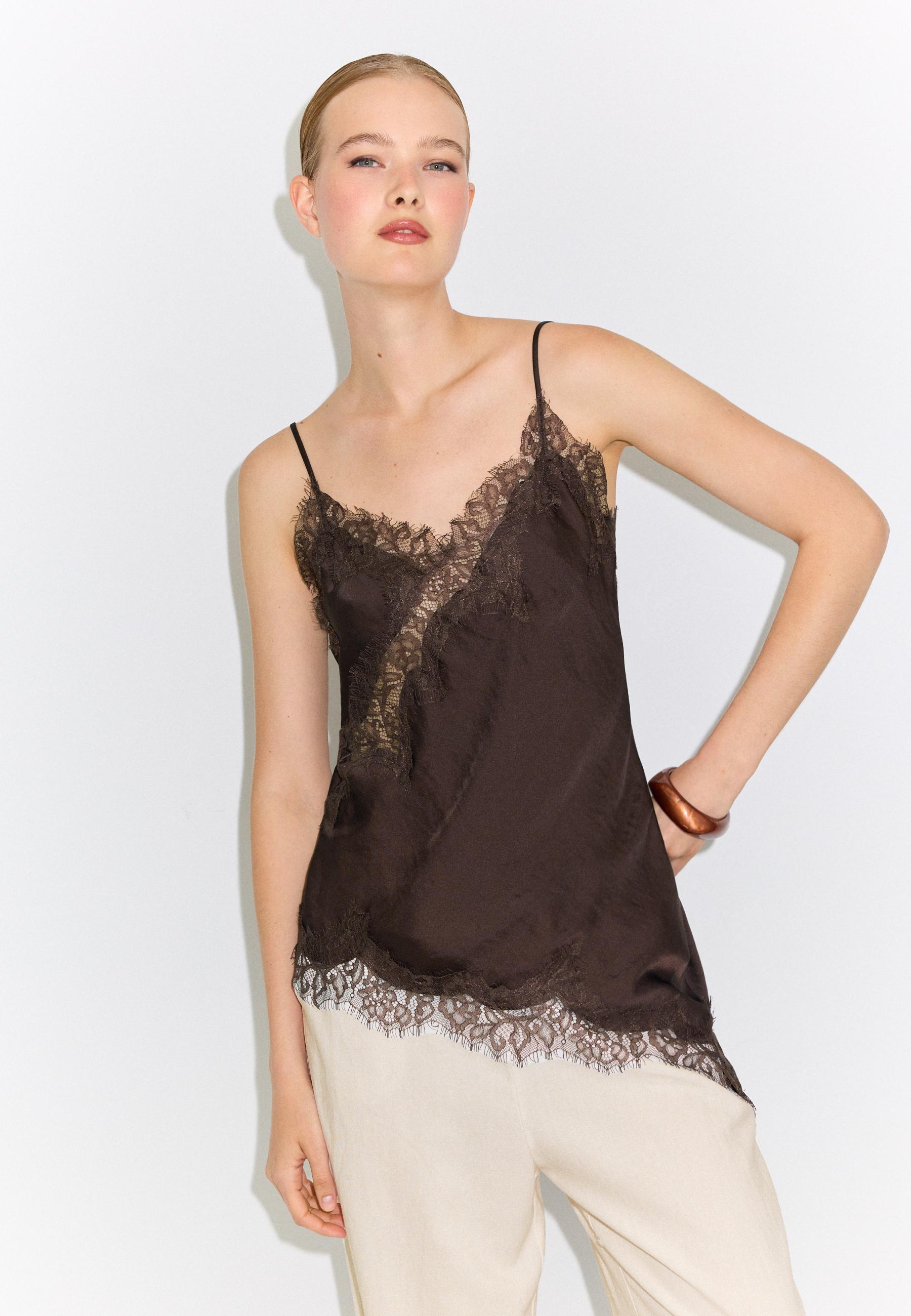 Asymmetric lace camisole top — Brown