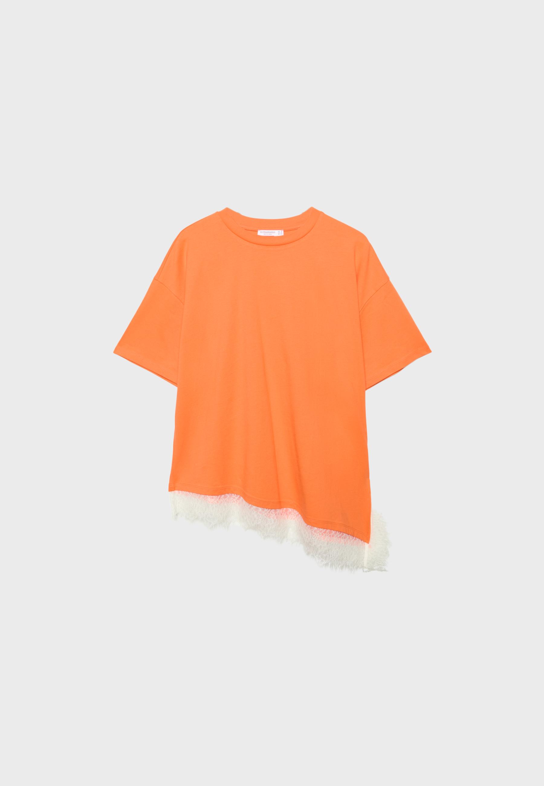 Lace hem short sleeve T-shirt — Orange