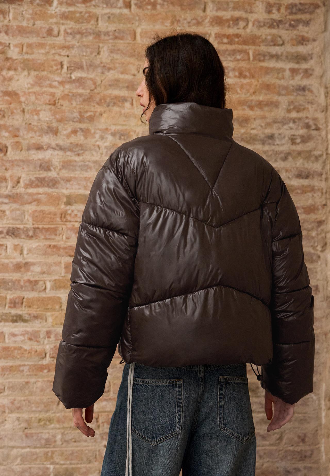 Cropped high neck padded jacket — Brown