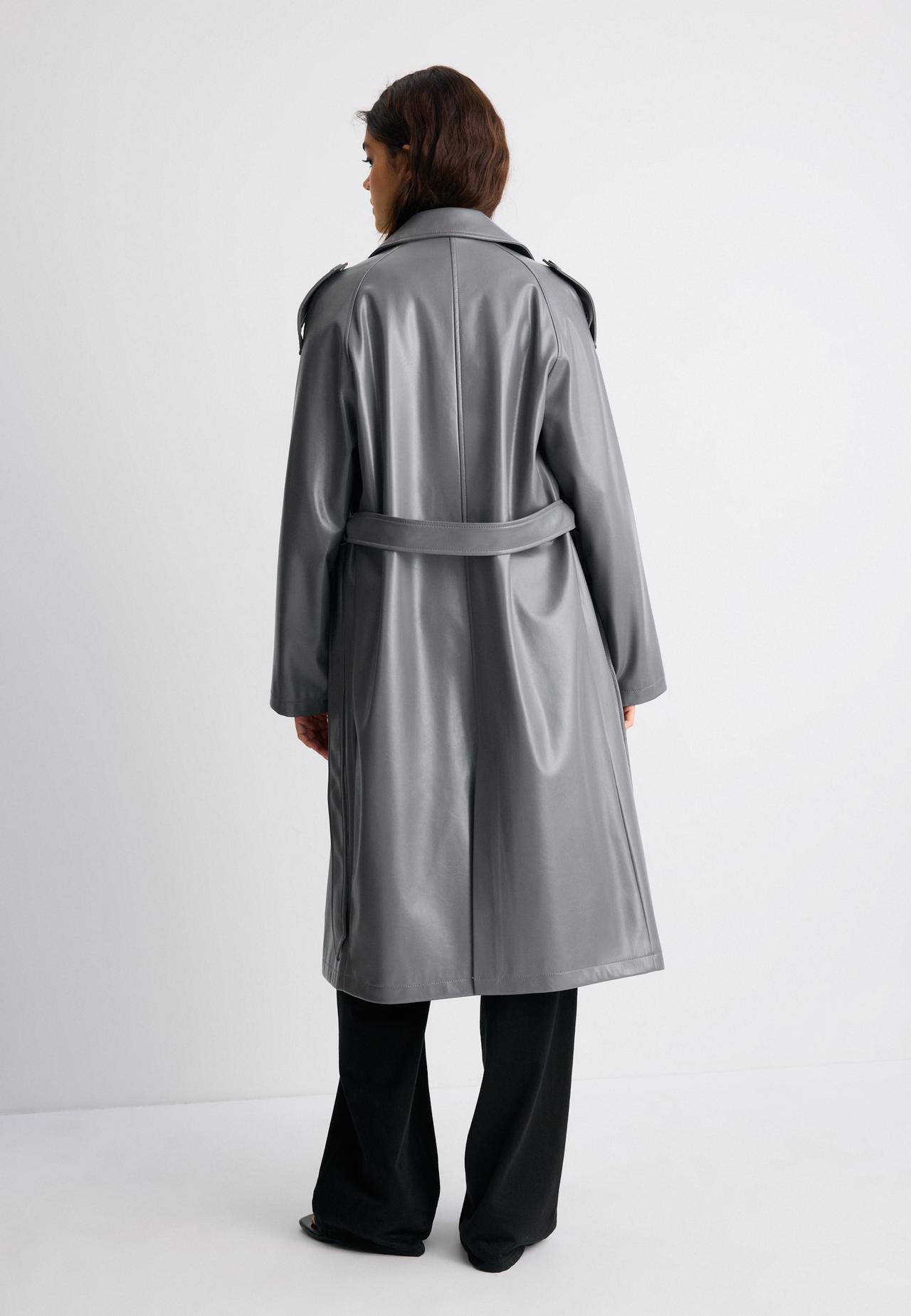 Long leather effect trench coat — Dark grey