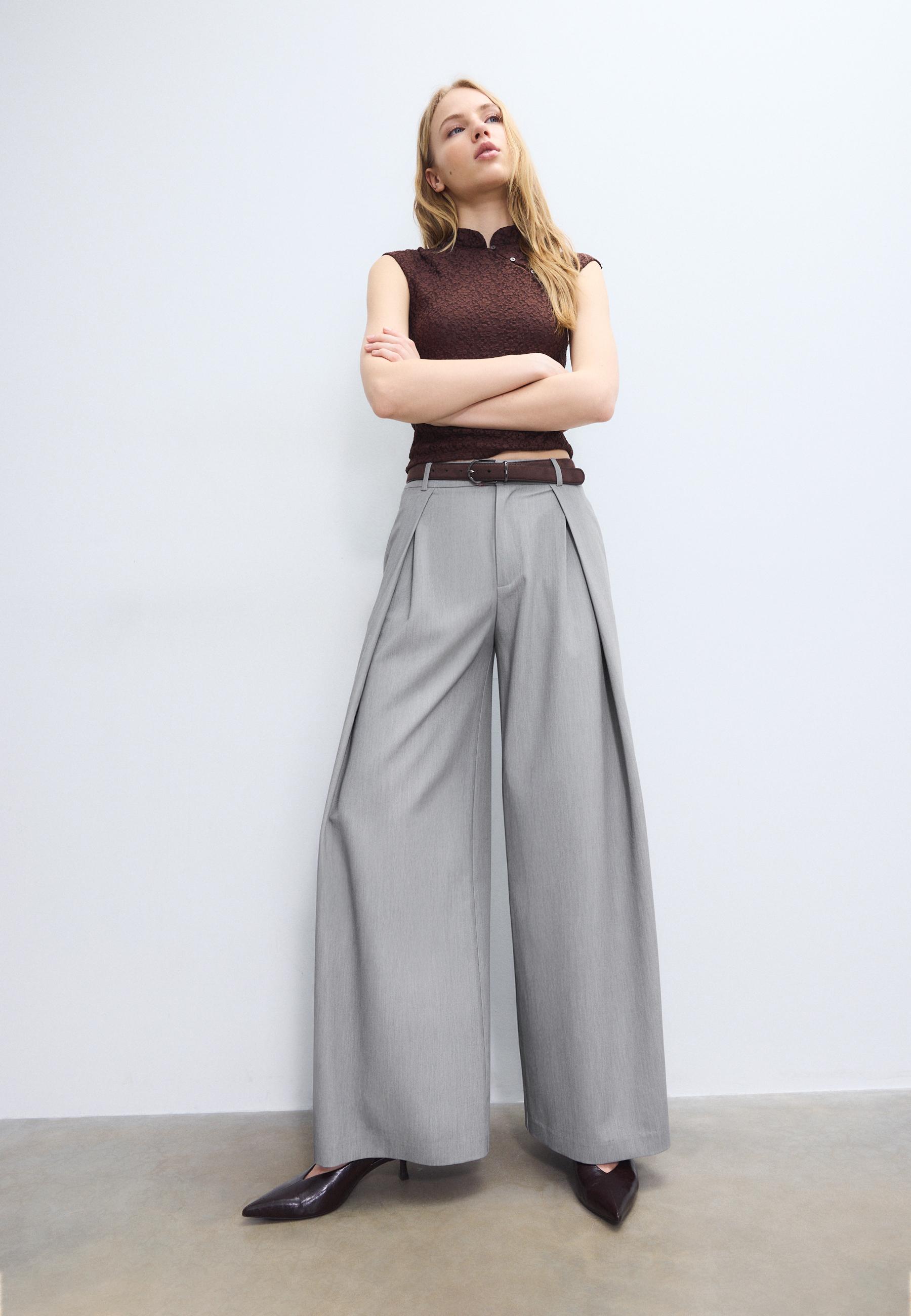 Maxi-dart trousers with belt — Grey melange