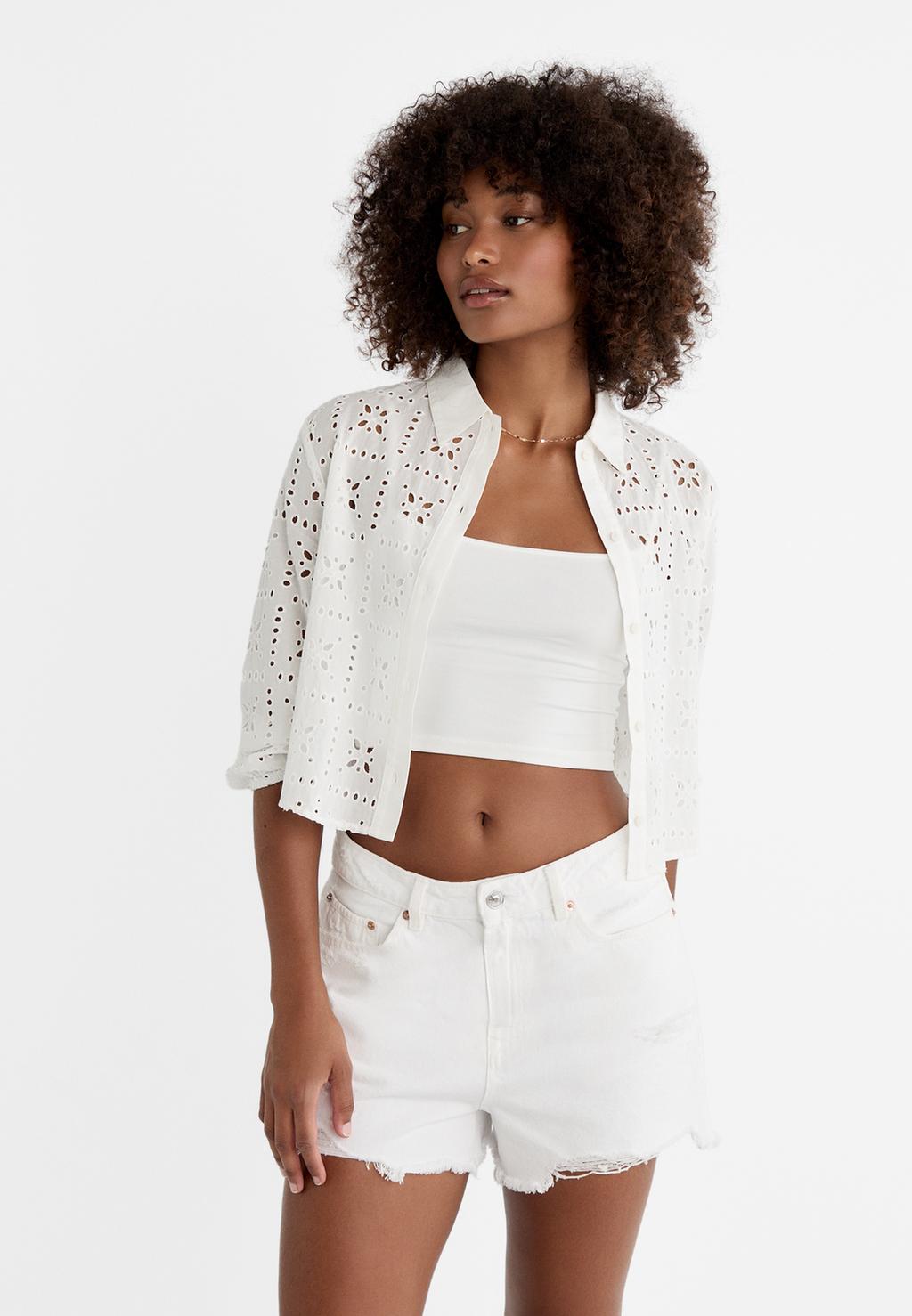 Short shirt with perforated embroidery