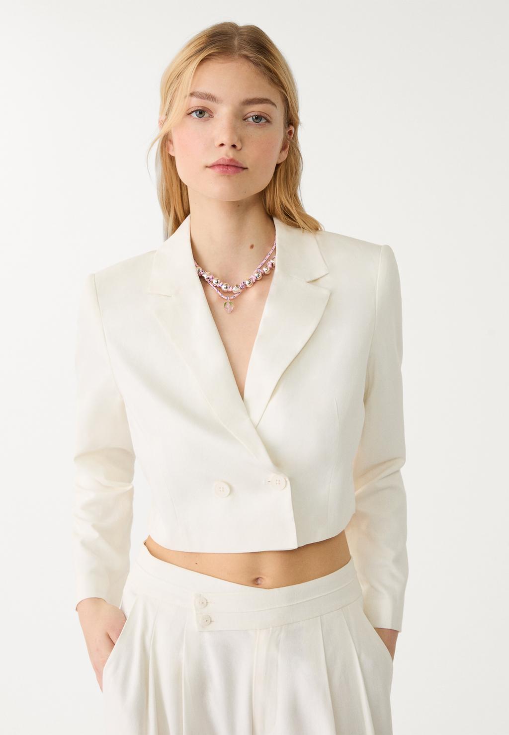 Linen blend cropped blazer with tied back