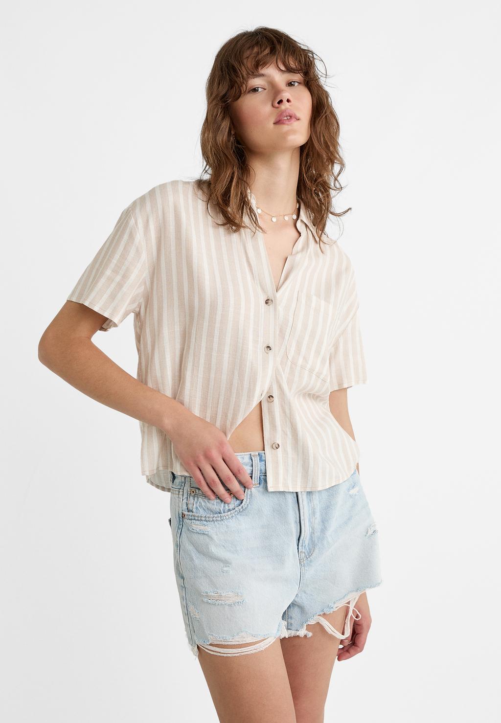 Short sleeve striped linen blend shirt