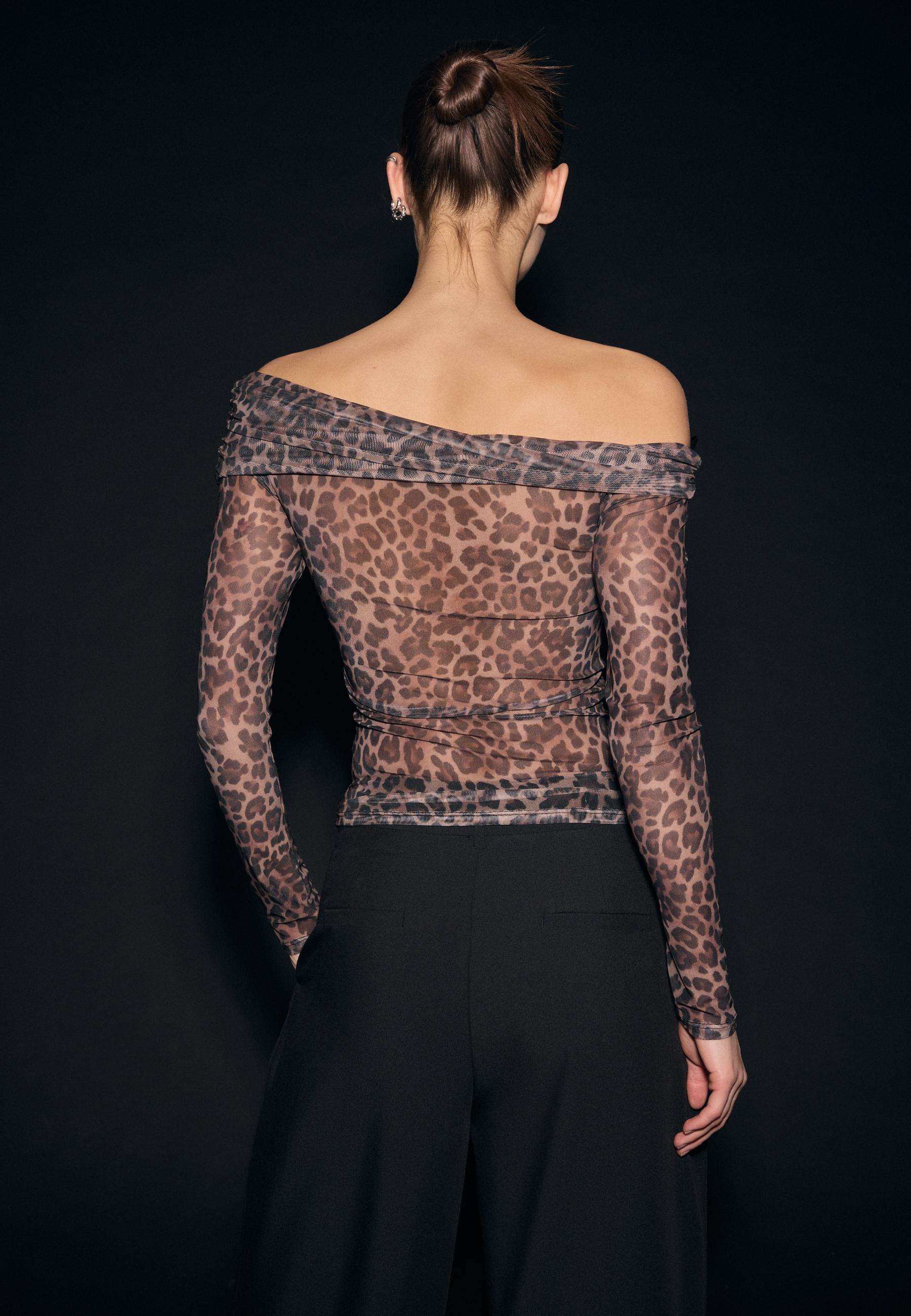 Printed asymmetric tulle T-shirt — Mid beige