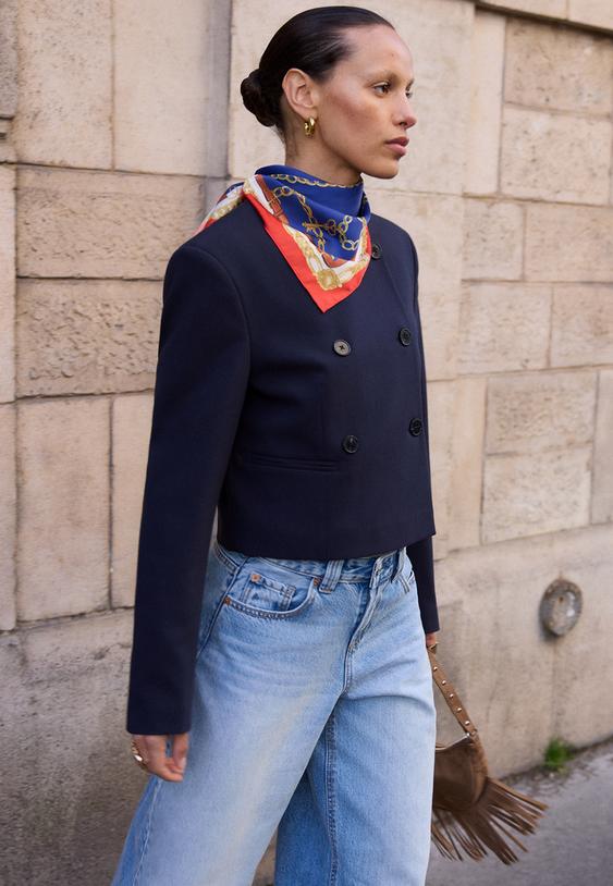 Stradivarius Cropped Round Neck Blazer Navy Blue Xs