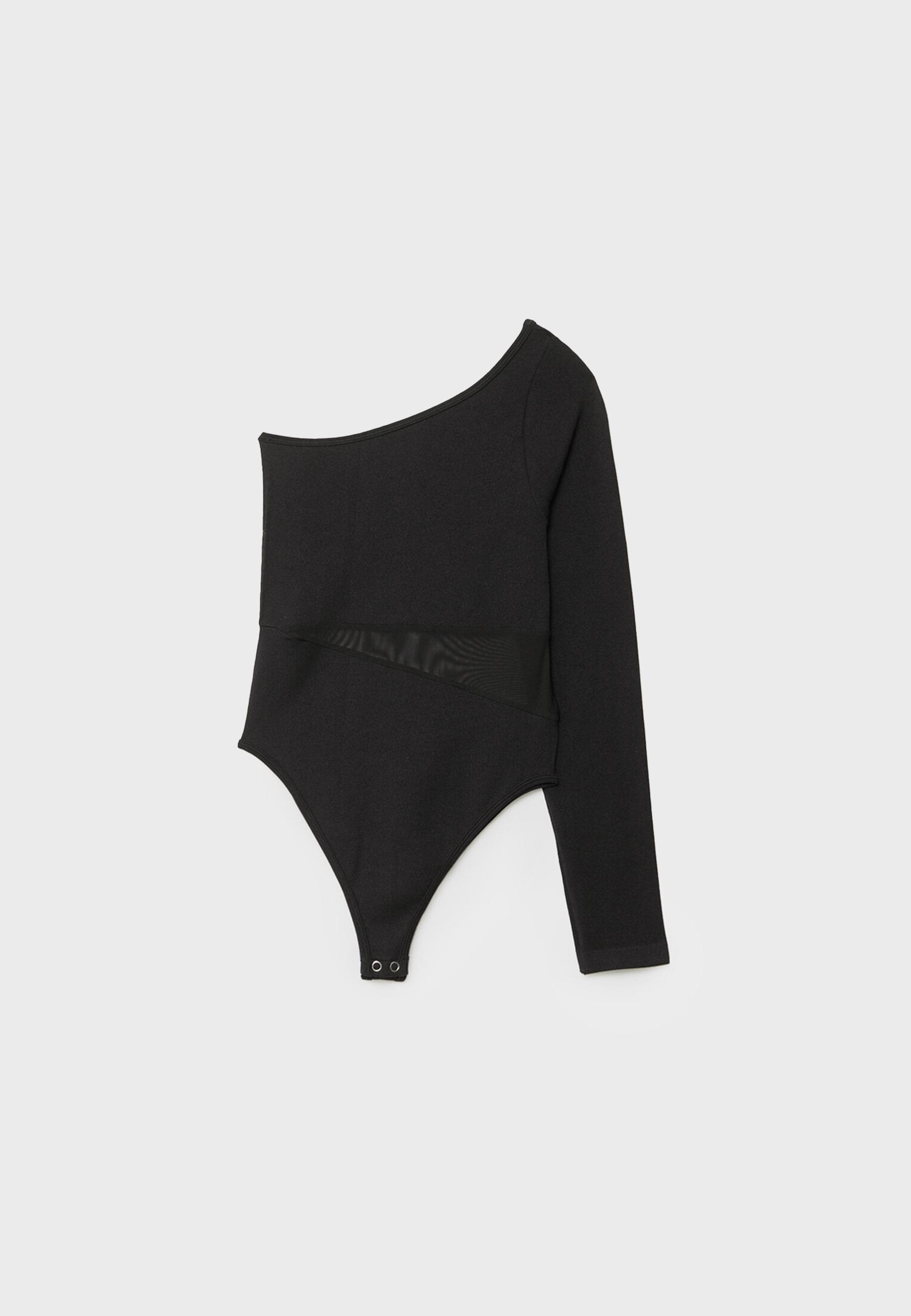 Asymmetric bodysuit with sheer details — Black