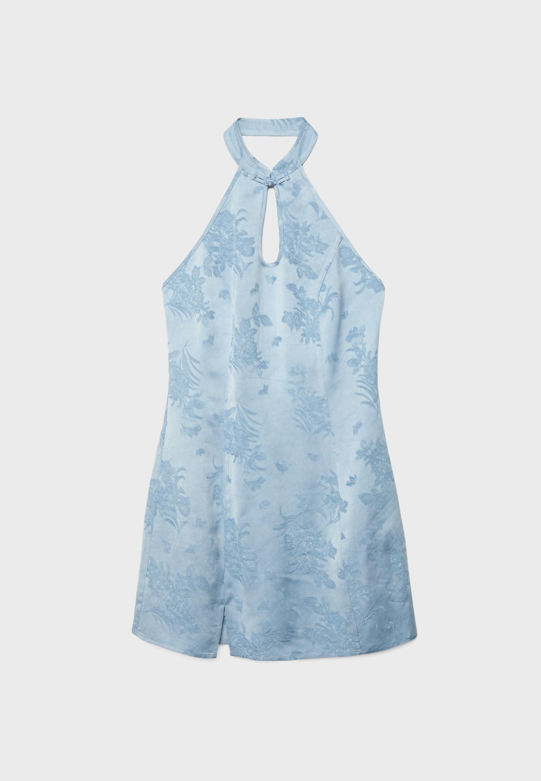Short satin qipao dress — Sky blue