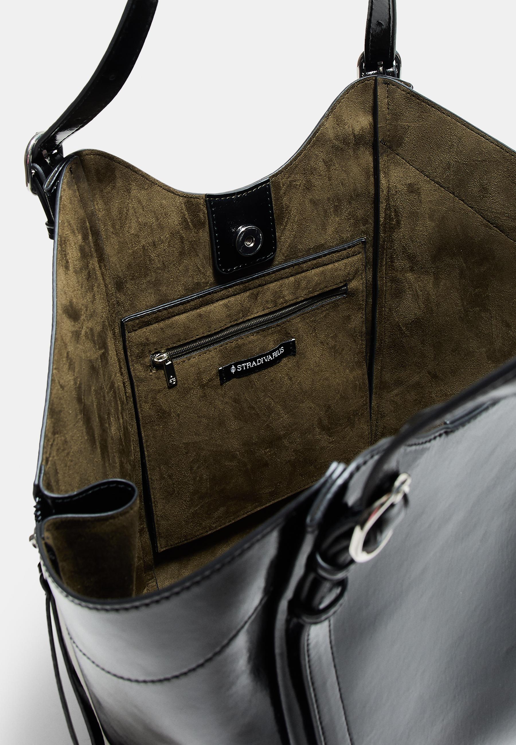 Shoulder tote bag with buckles — Black