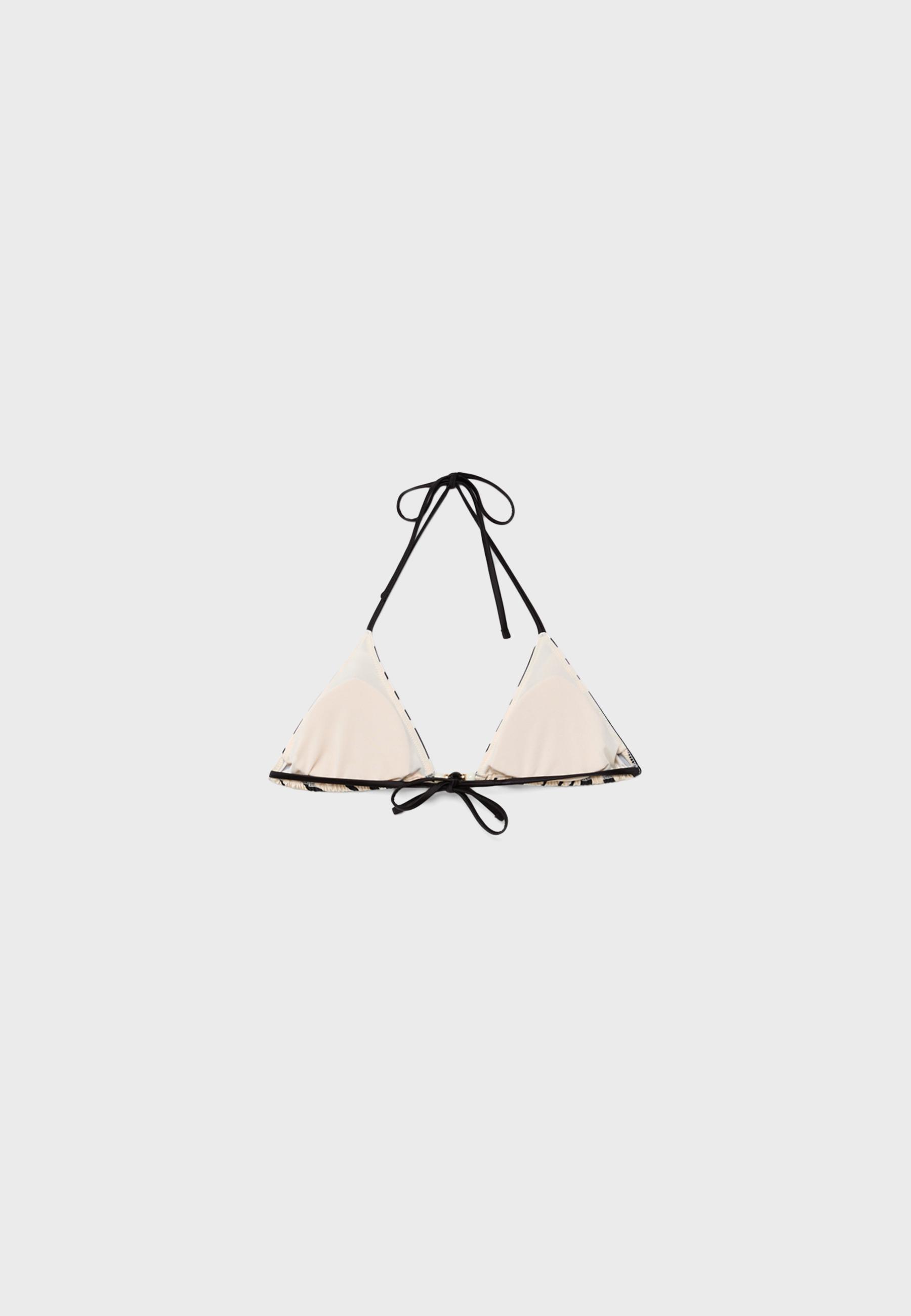 Printed satin triangle bikini top — Ecru