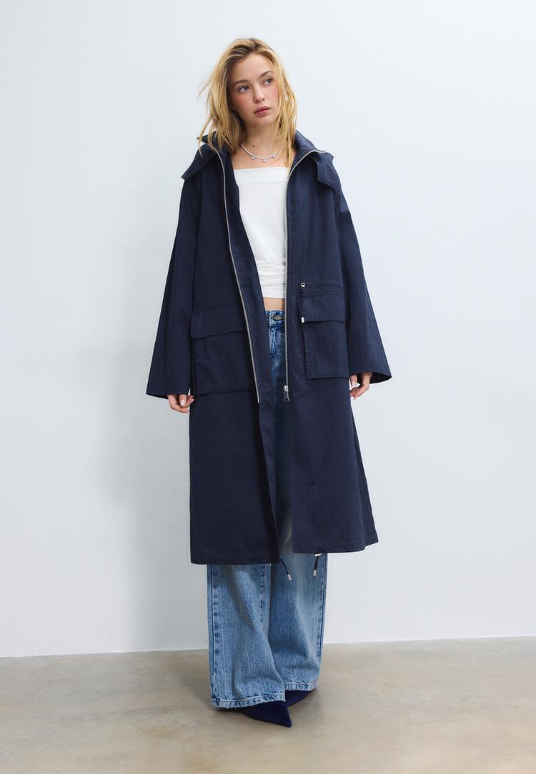 Stradivarius Μακρύ Ρευστό Παρκά Navy Blue Xs