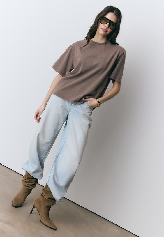 Stradivarius Κοντομάνικη Μπλούζα Με Τύπωμα Καφέ L