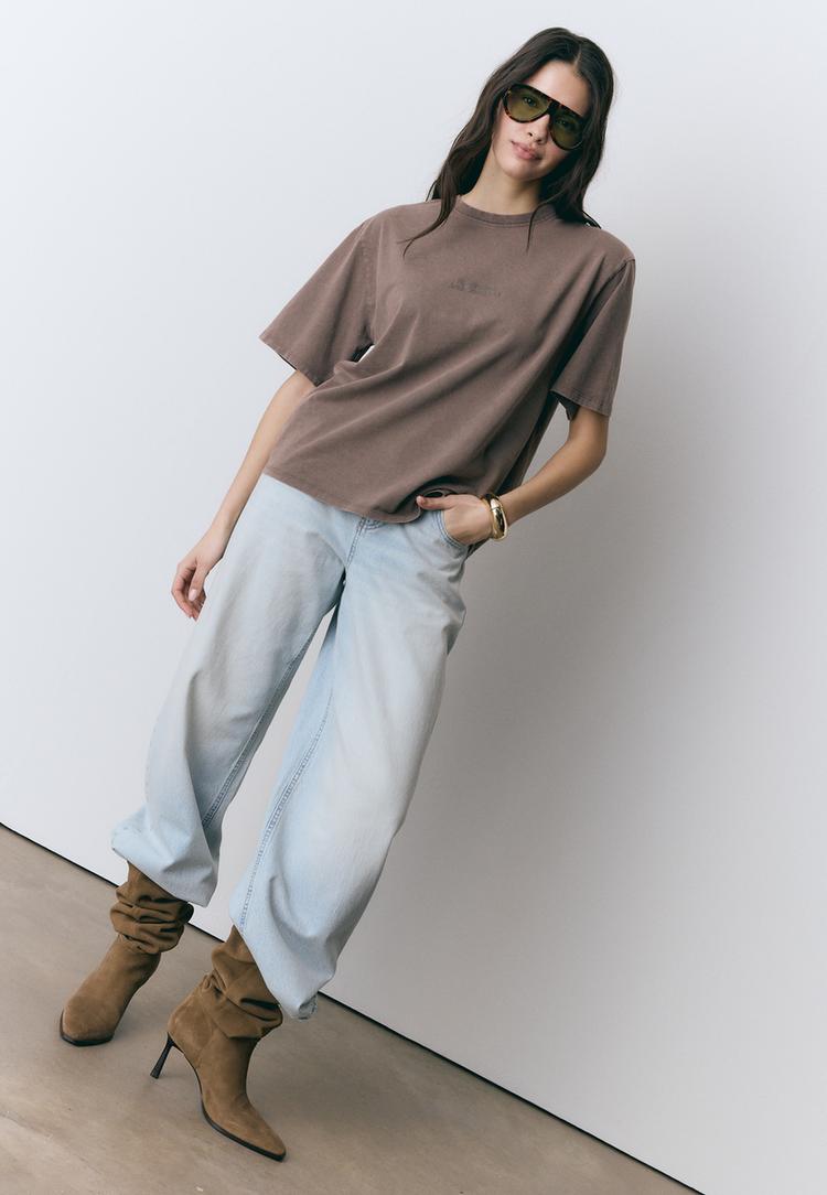 Stradivarius Κοντομάνικη Μπλούζα Με Τύπωμα Καφέ L