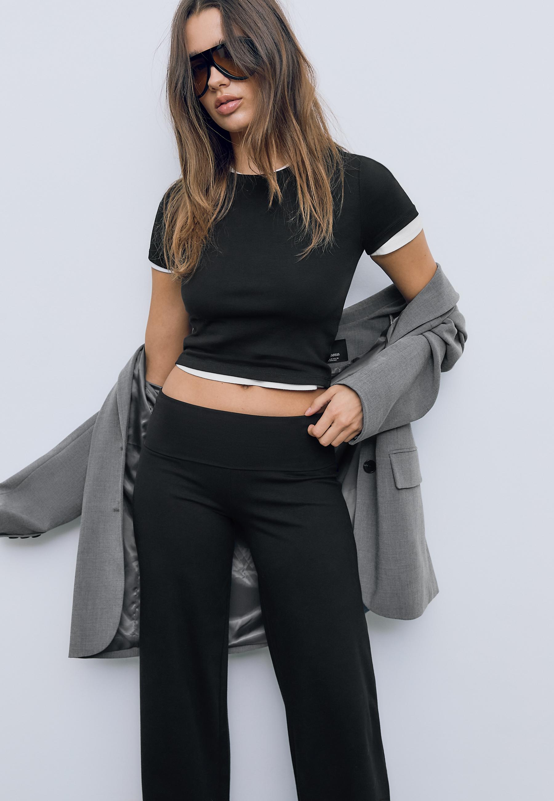Mesh trousers with fold-over waist — Black
