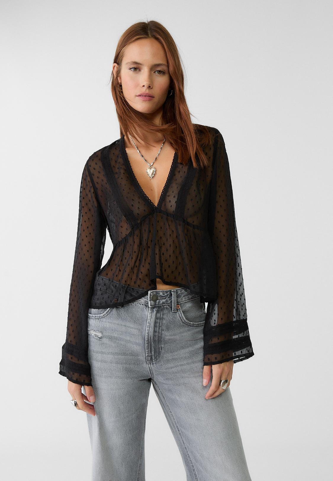 Camisa Negra Fluida Mujer Blusa Transparente Camisa Negra