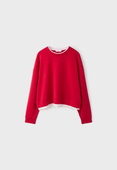 Soft-touch contrast round neck sweatshirt — Red 7
