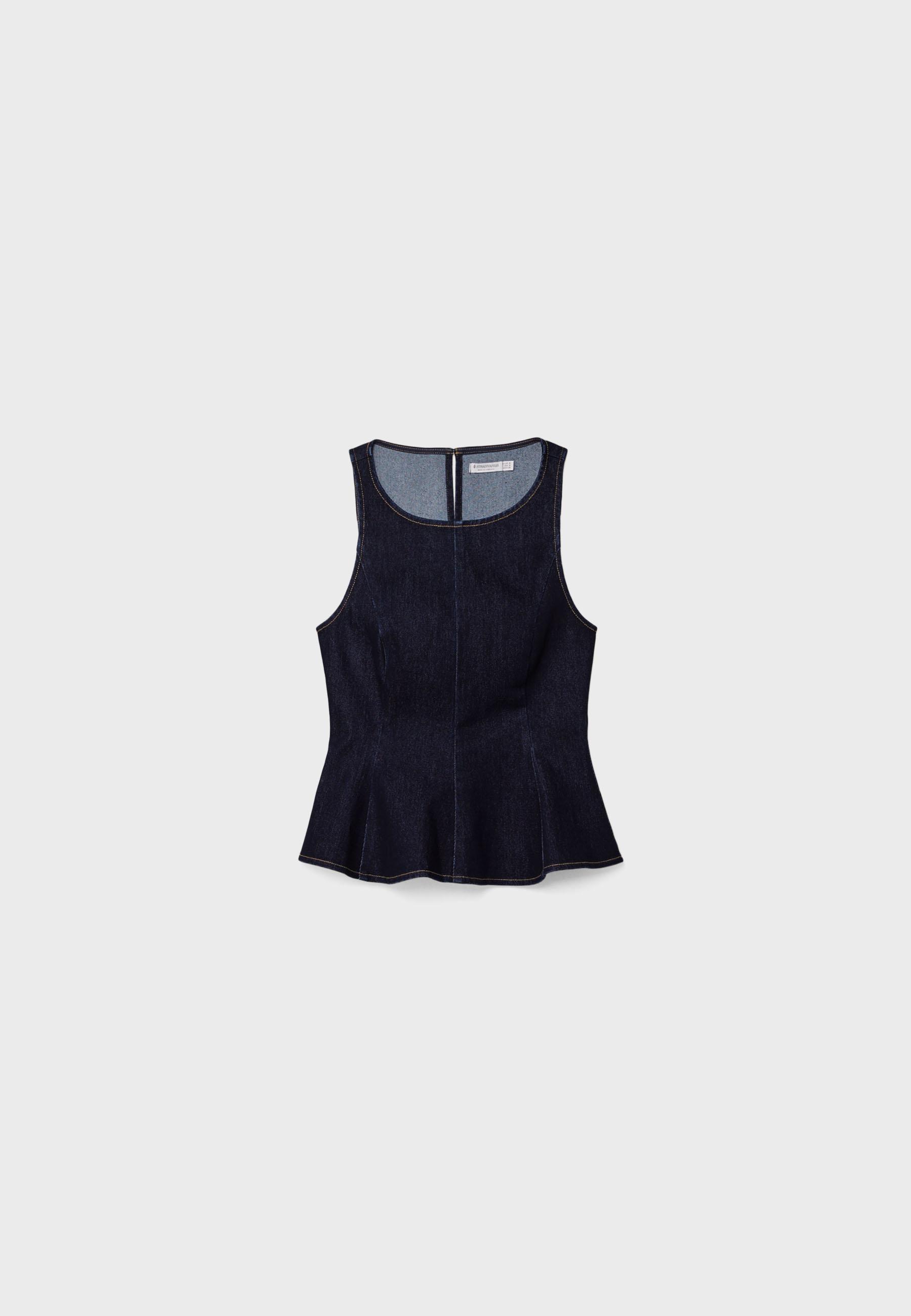 Sleeveless denim peplum top — OVERDYED BLUE DENIM