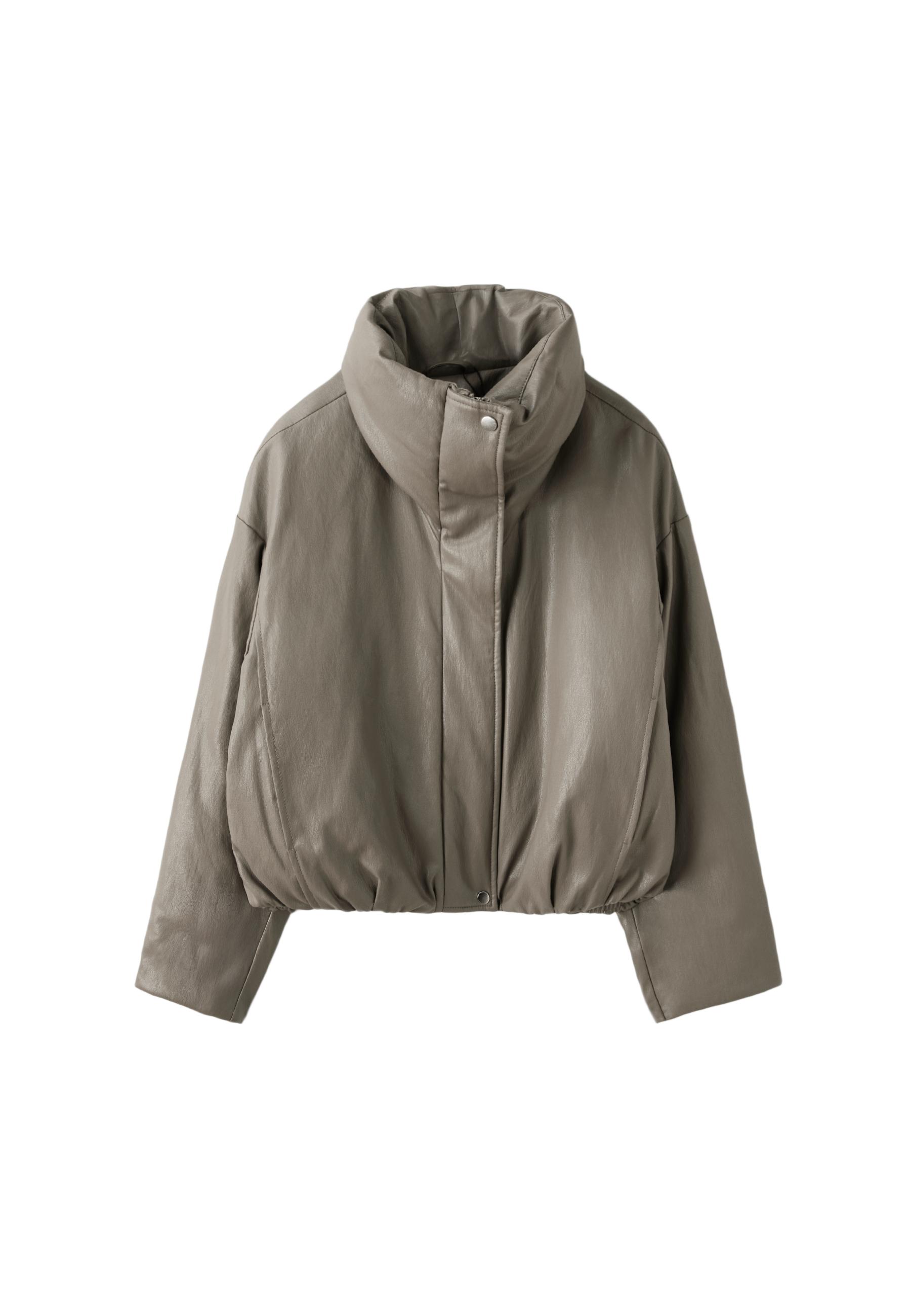 Leather effect high neck puffer jacket — Grey