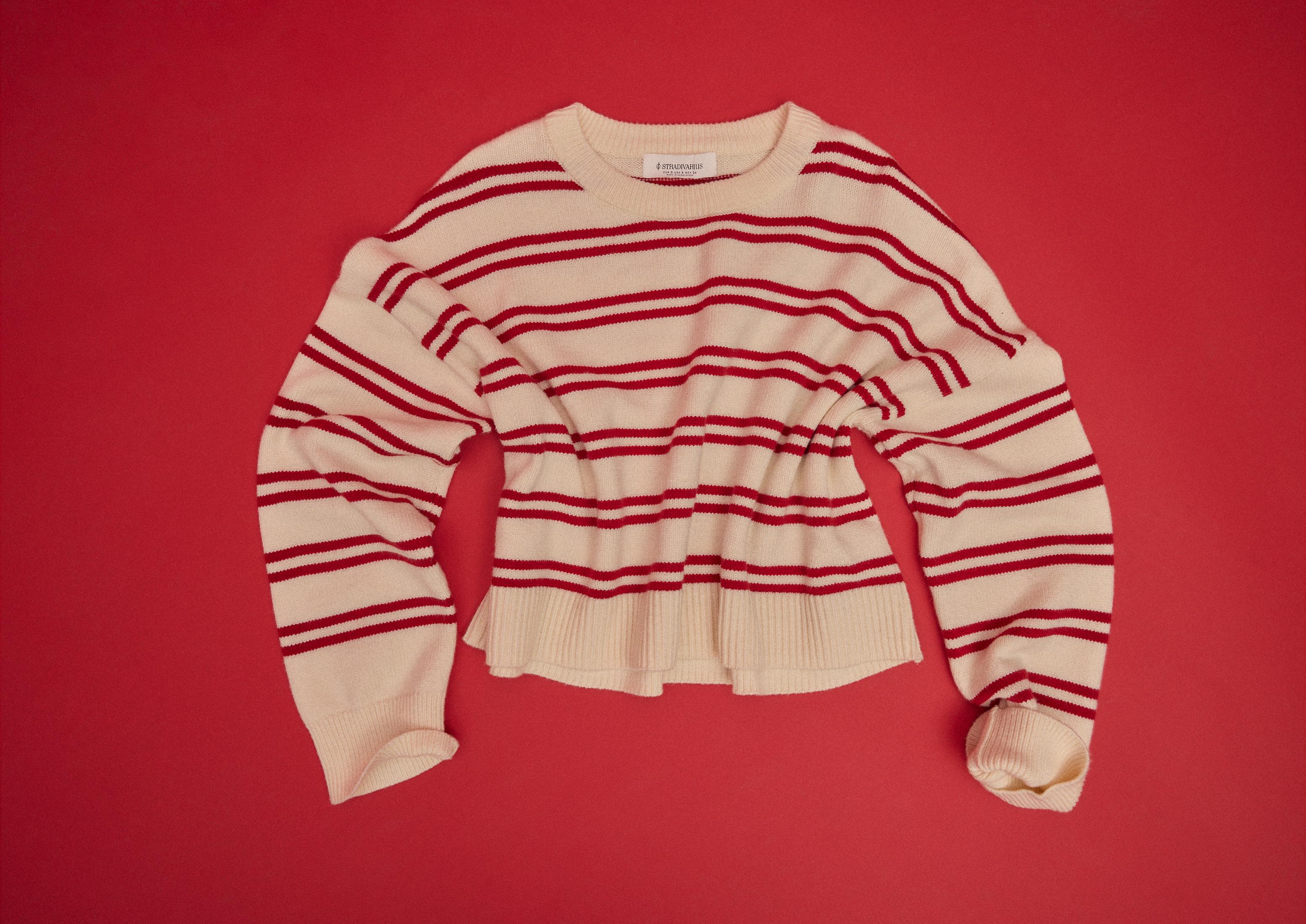 Cropped striped knit jumper — Red