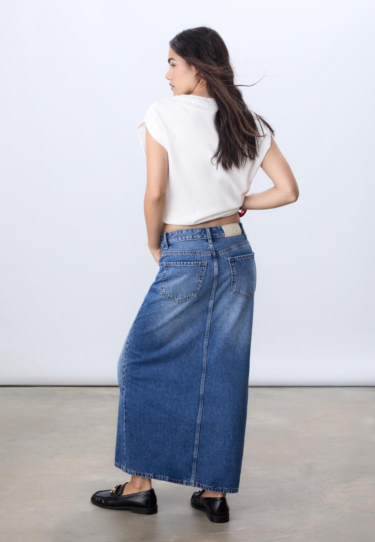 gonna midi fluida in denim