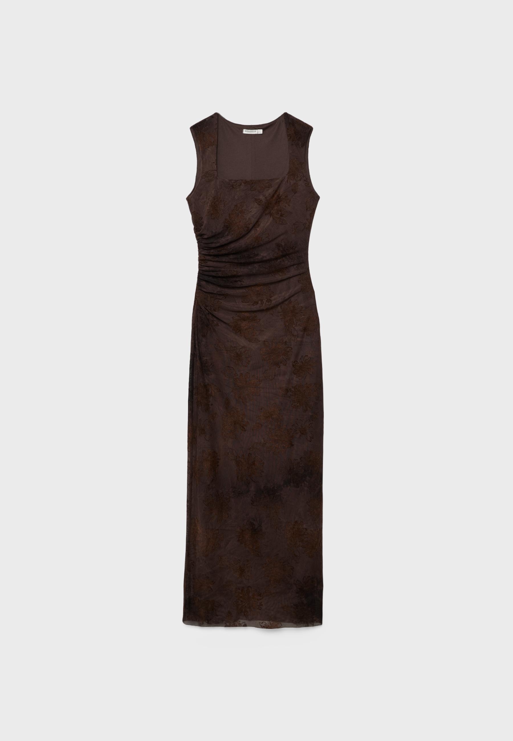 Tulle midi dress with square neckline — Brown