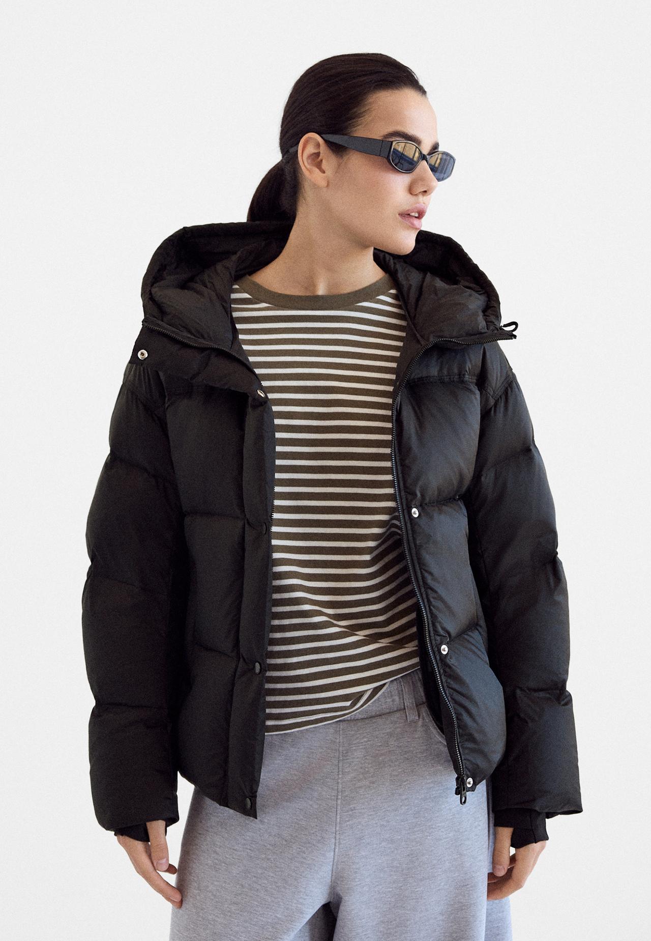 Satin hooded padded puffer jacket — Black
