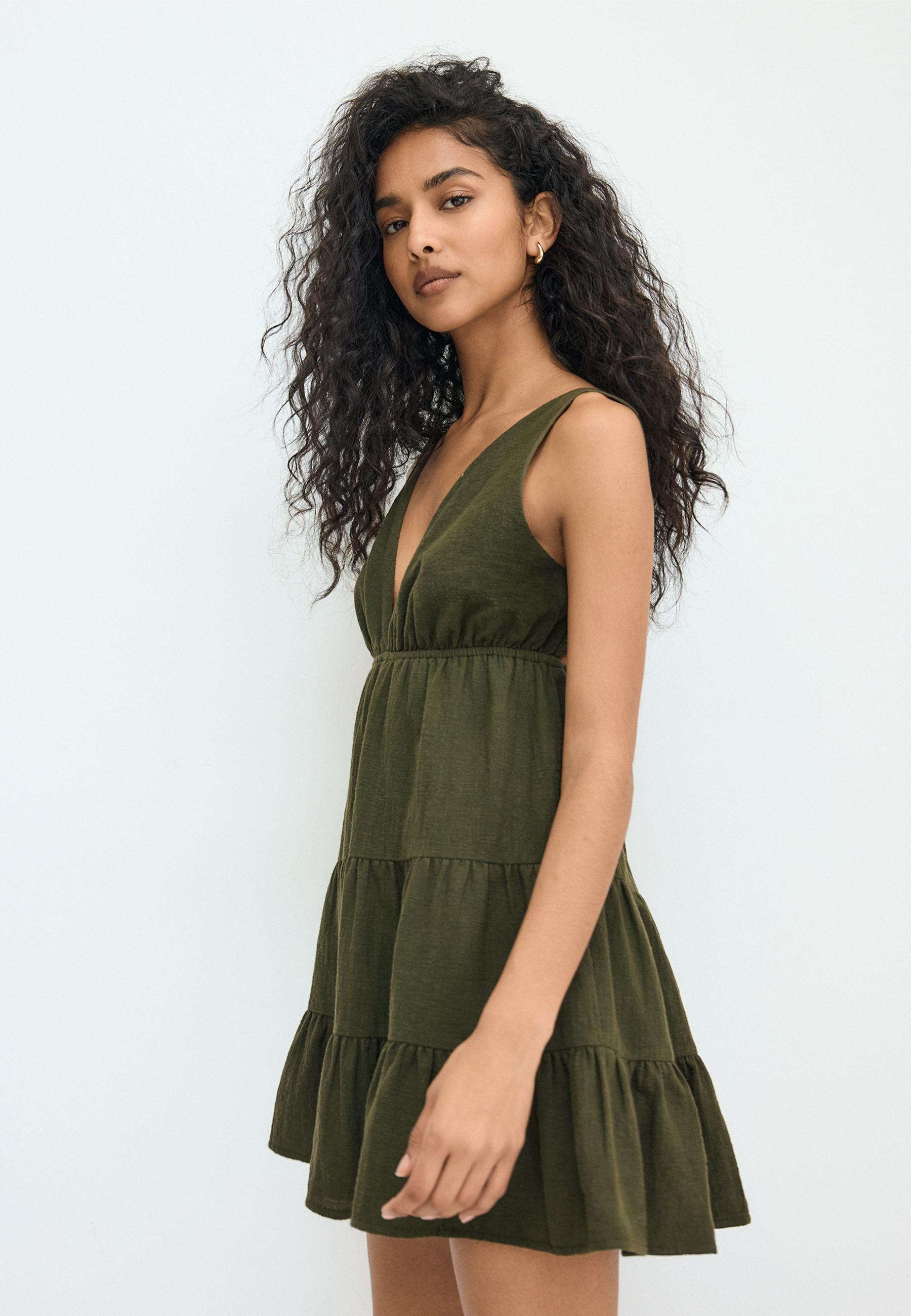 V-neck short dress — Khaki
