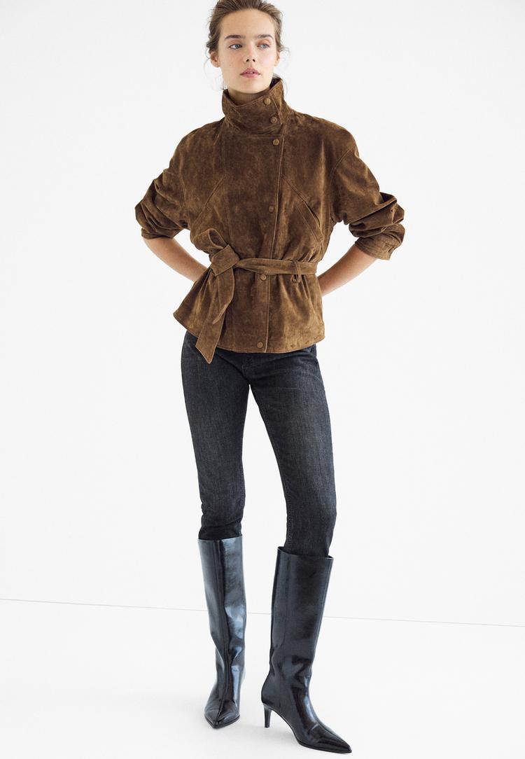 Stradivarius Δερμάτινο Trench Με Ζώνη Και Ψηλό Γιακά Καφέ Xl