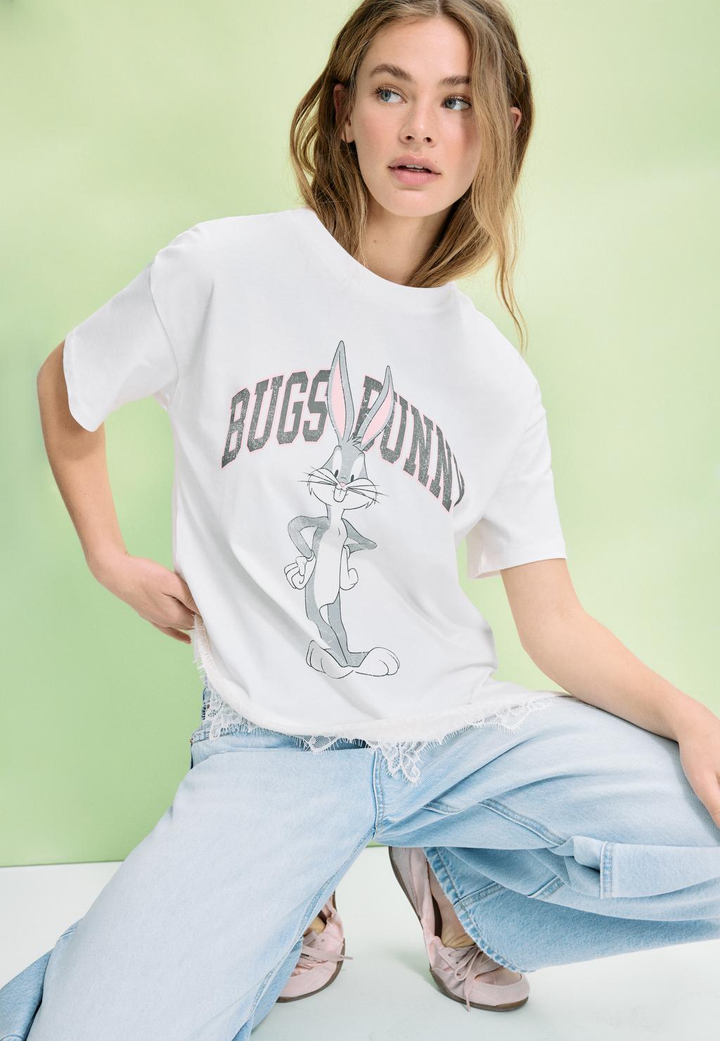 Maglietta Corta Donna Con Patchwork Gatto E Lettere | Manica Corta Con Orlo A Lattuga | Casual Estiva | Bianco, Taglia S/M/L