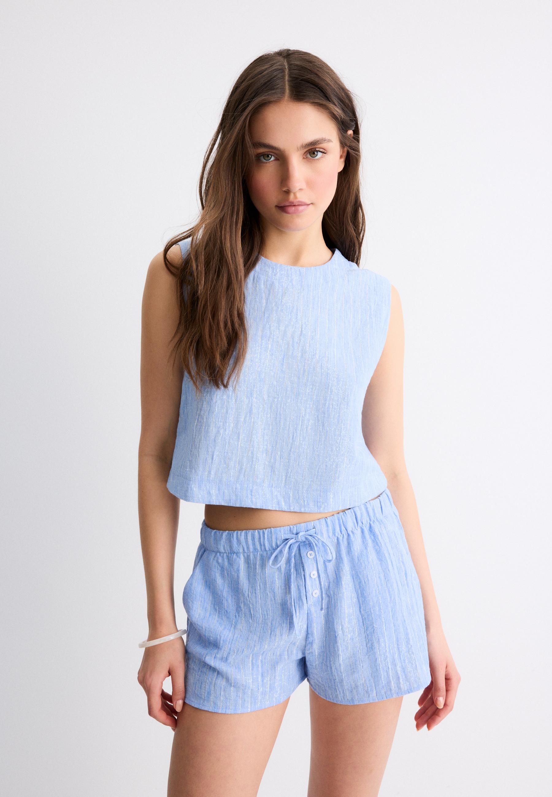 Rustic shorts with metallic thread — Sky blue