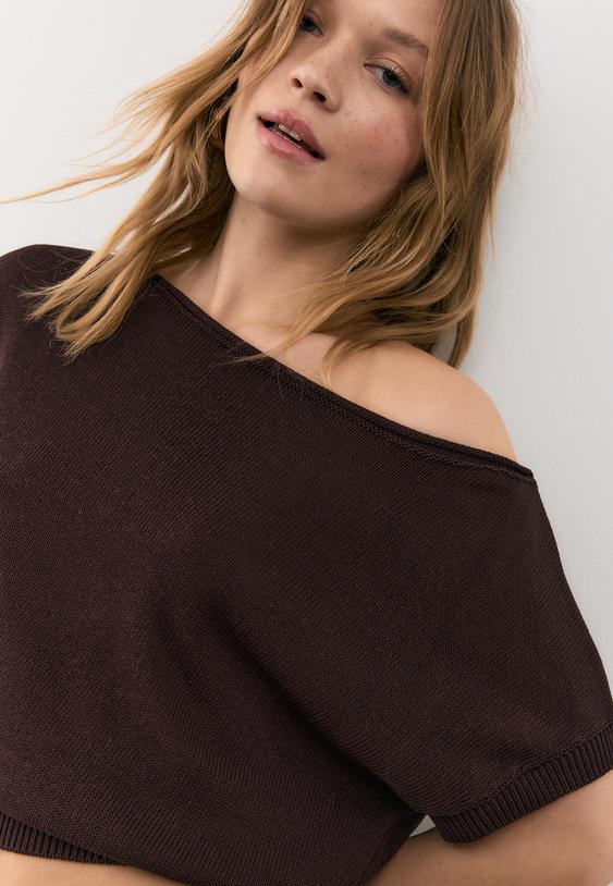 Stradivarius Rustic Knit Boat Neck Top Brown M