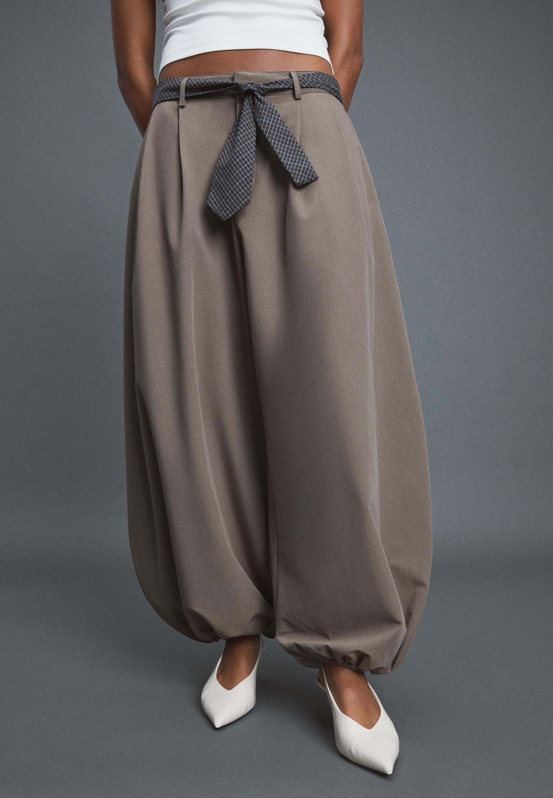 Voluminous sarouel trousers with tie belt — Brown