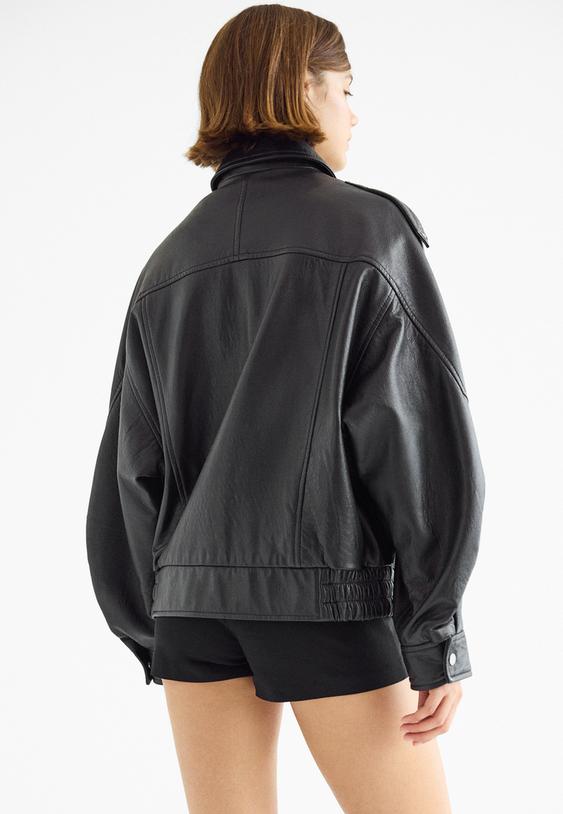 Stradivarius Oversize Leather Jacket Black Xs