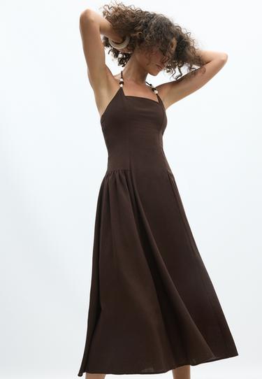 Beaded halter midi dress — Brown 1
