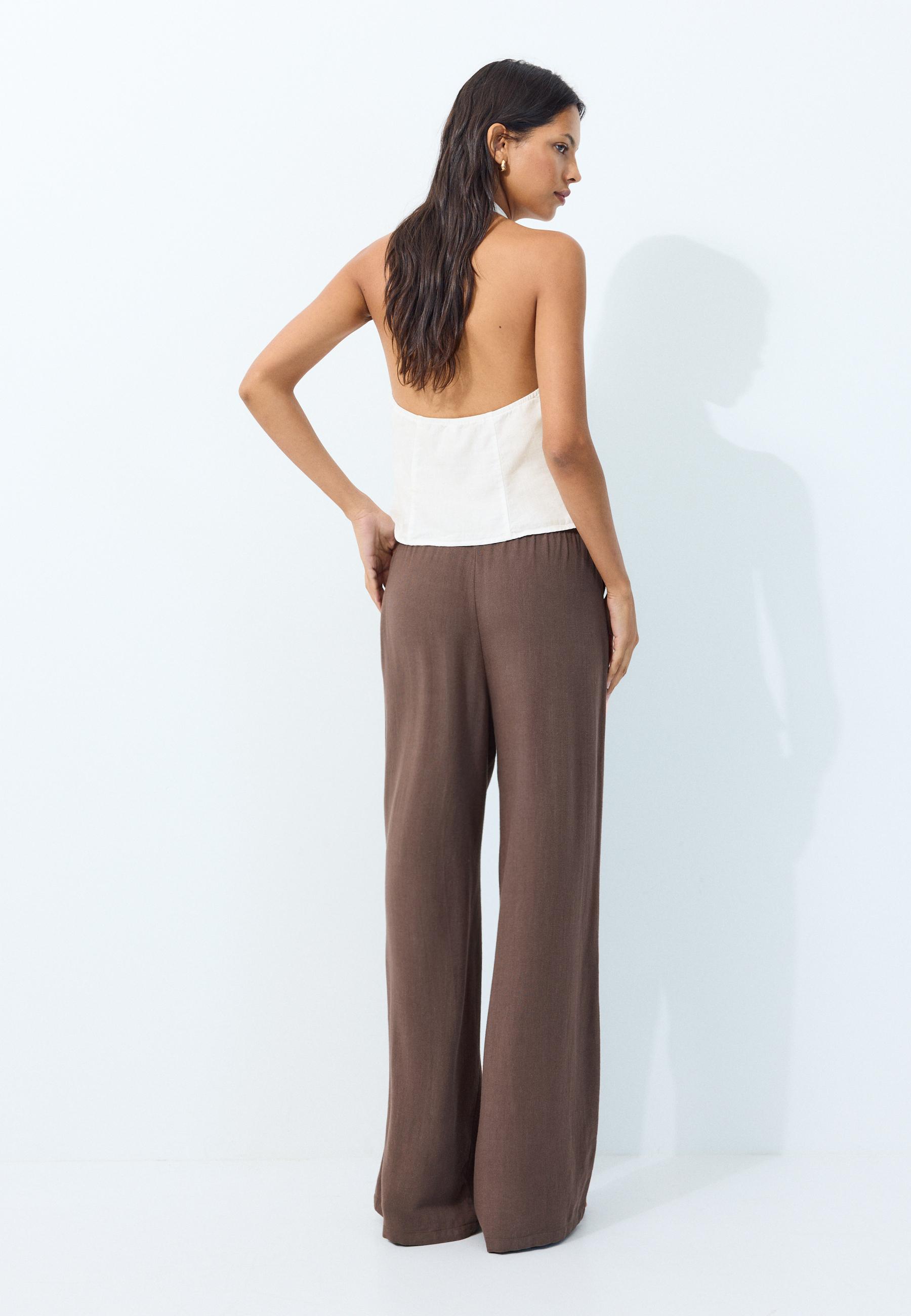 Straight-leg linen-look trousers — Brown