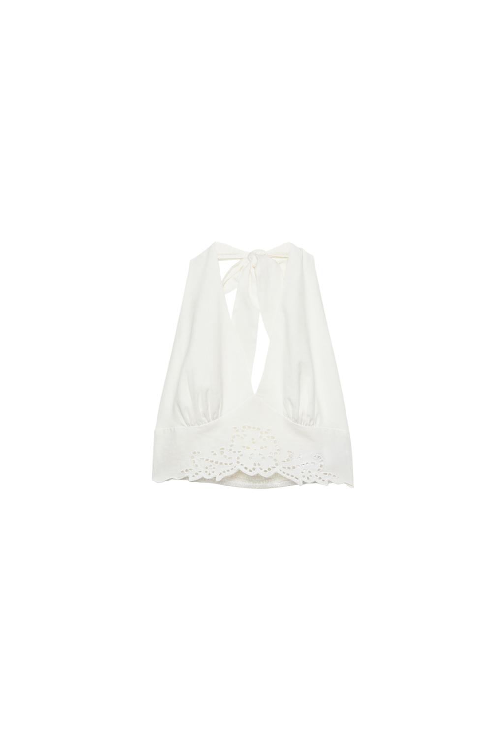 Top halter ricamato con lino
