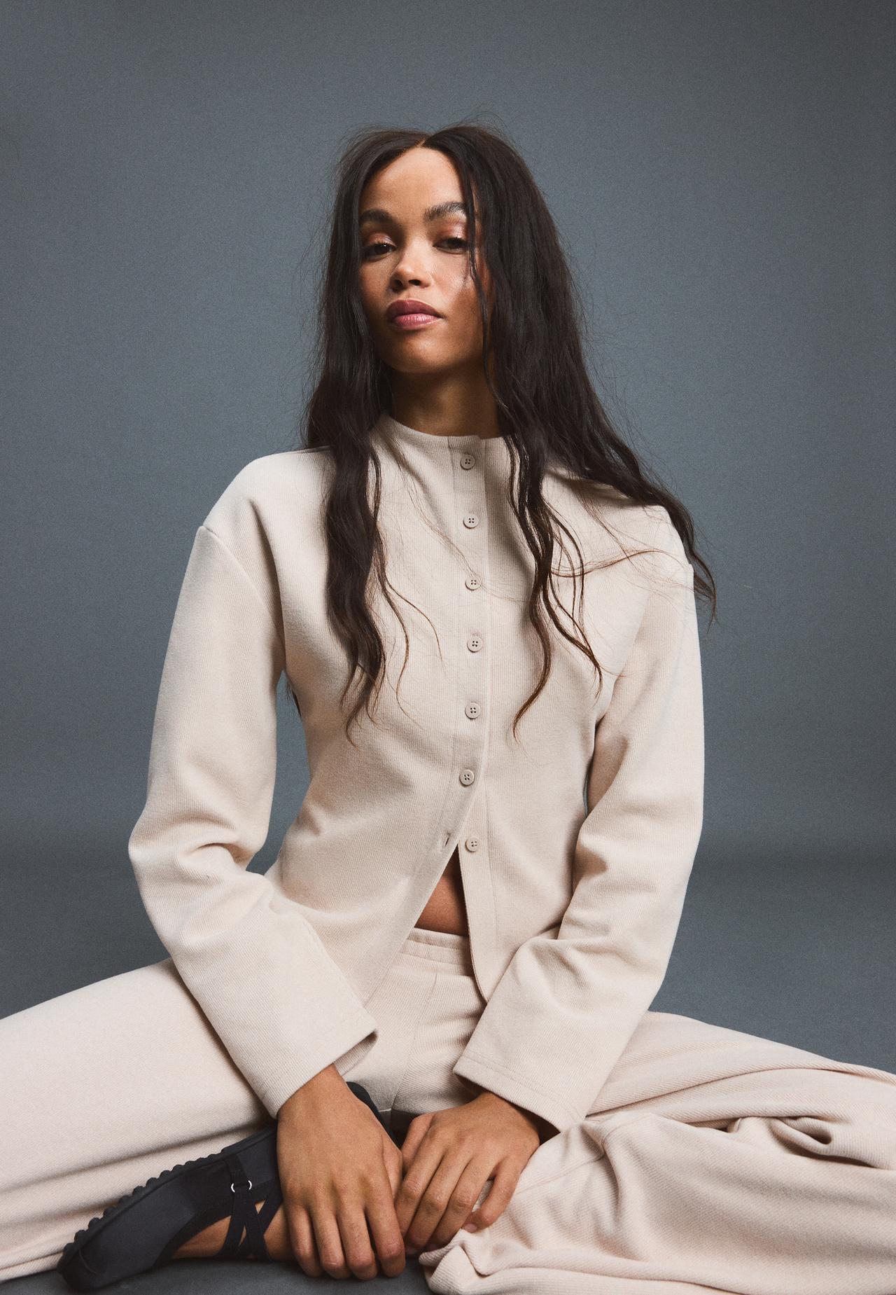 Stand collar knit cardigan — Stone