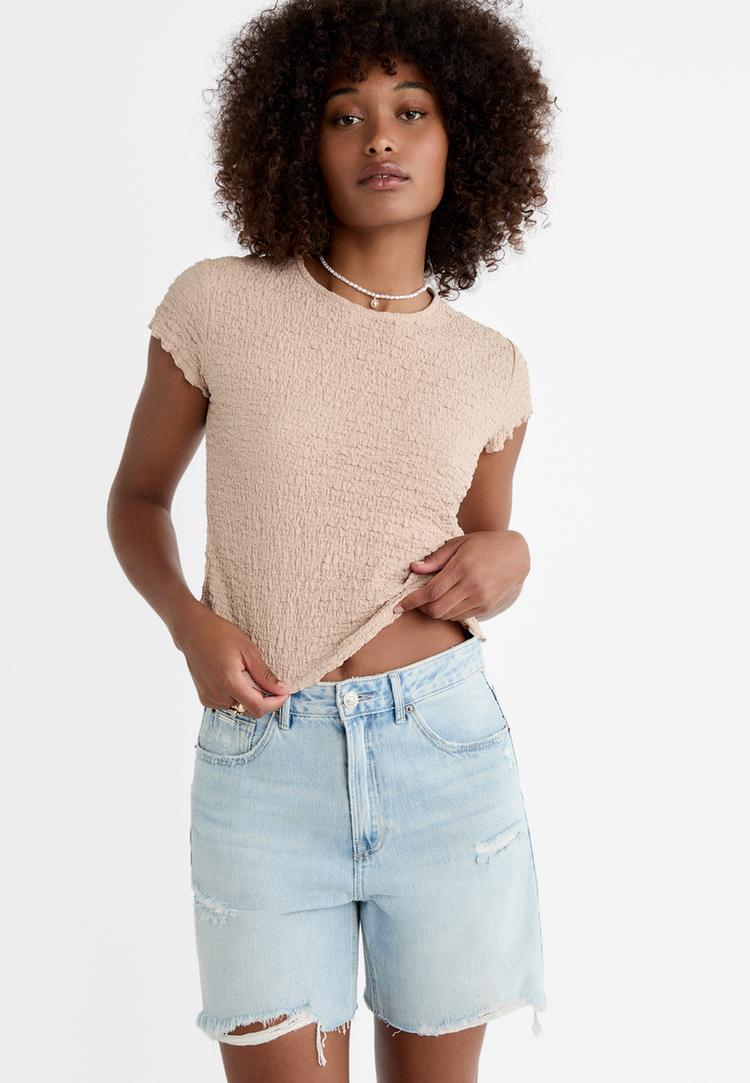 Stradivarius Tricou Texturat Cu Mânecă Scurtă Piatră M