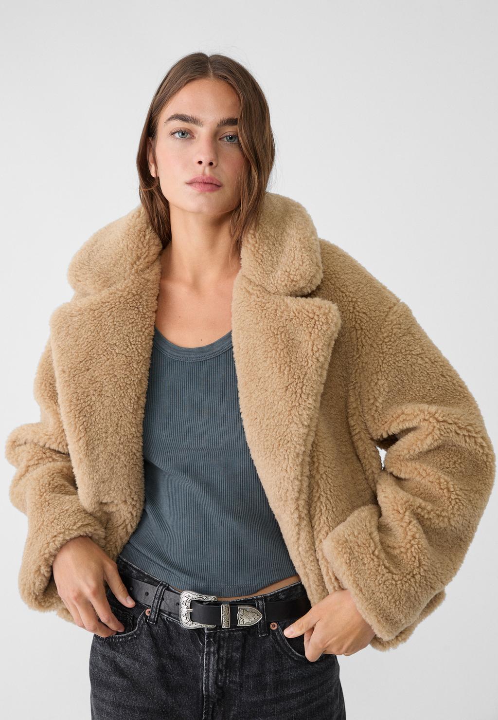 Double-breasted faux shearling lined jacket