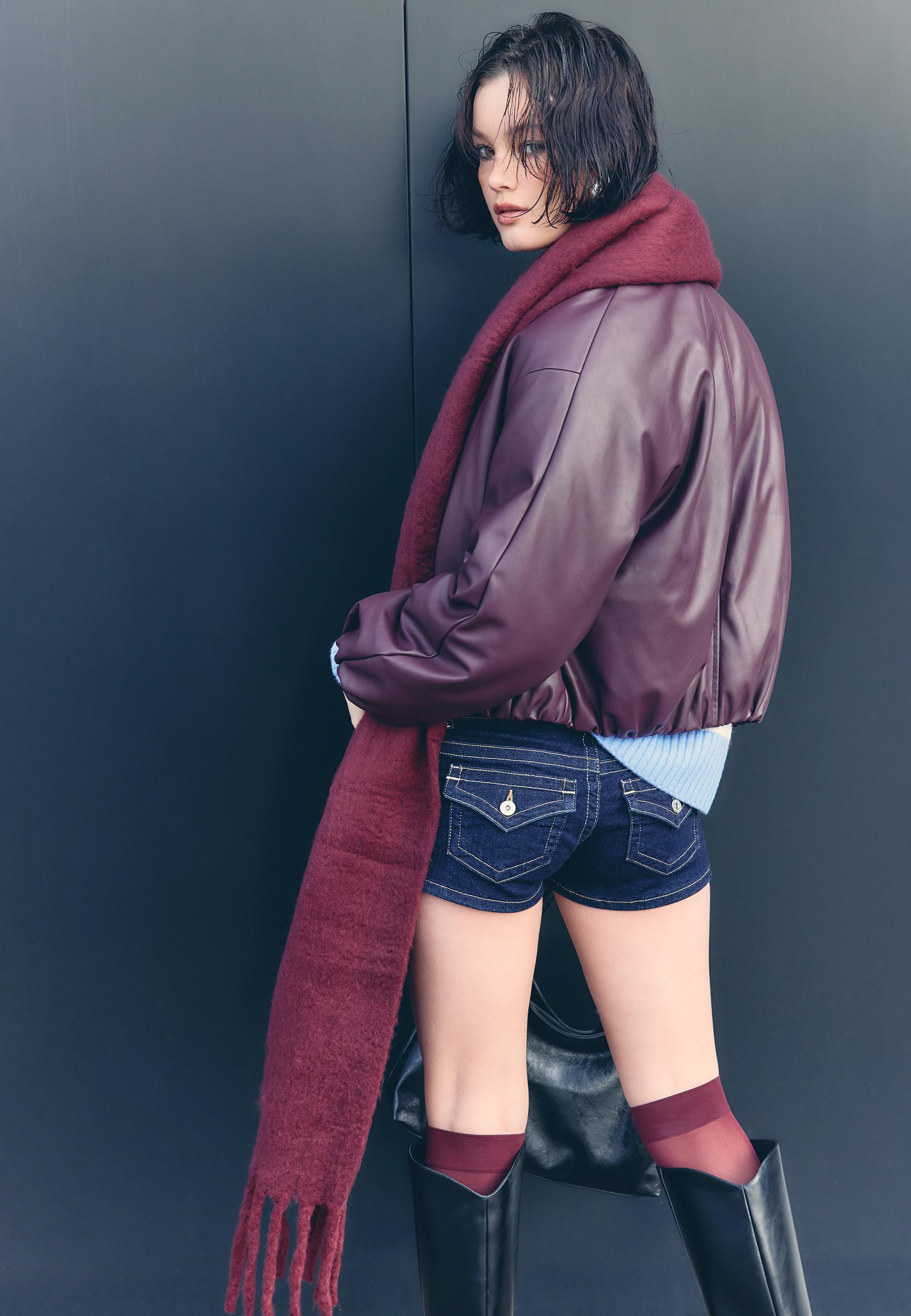 Padded leather effect bomber jacket — Burgundy