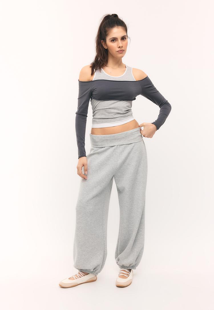 Weiche Jogginghose mit Puffärmel und umgeschlagenem Bund Grau Melange XS